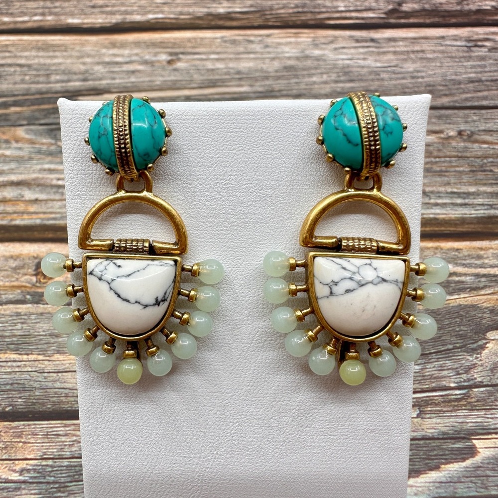 Stella & Dot Turquoise White Stone Beaded Statement Drop Earrings Boho Gold Tone